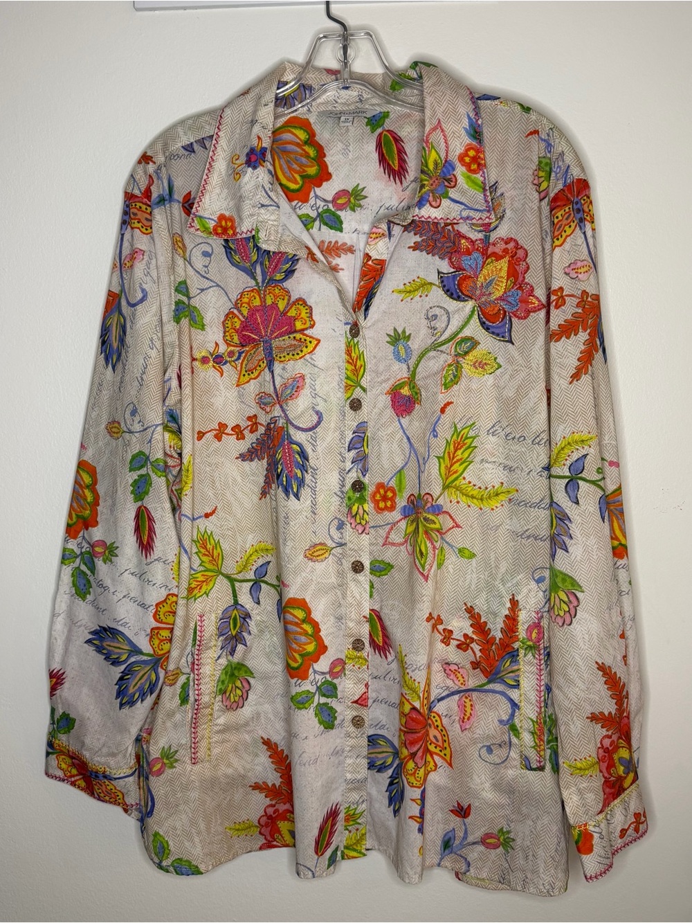 John Mark Cream Floral embroidered and prints button-Down Shirt with pockets ,1X